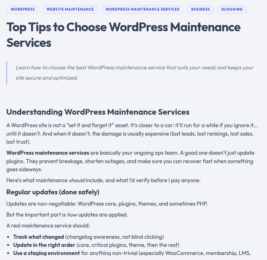 Example of AI generated content A generated article, 'Top Tips to Choose WordPress Maintenance Services'