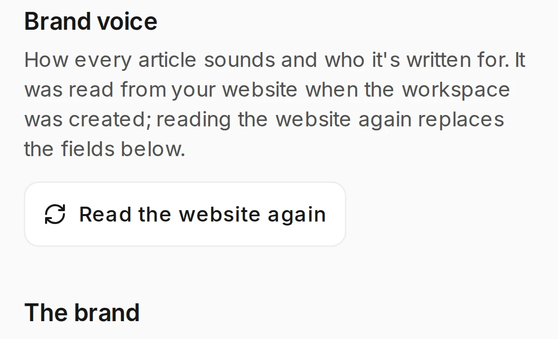 The brand voice in Rext AI: how every article sounds, read from your website and editable.