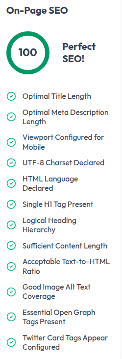 On-page SEO optimization score On-page SEO panel scoring the article 100 out of 100